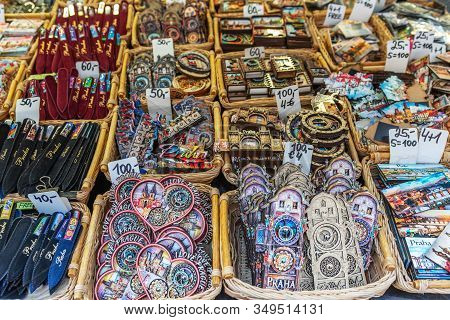 Prague, Czech Republic -january 18, 2020: View Of Different Suvenirs On Market In Prague, Czech Repu