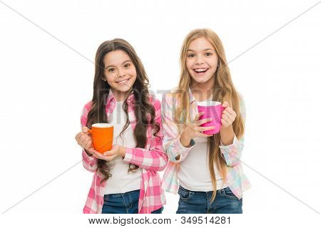 It Is Tea Time. Drinking Tea While Break. Relaxing With Drink. Tea Break. Children Do Not Drink Enou