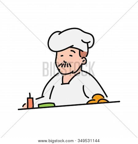 Chef Cook In Hat Character Vector Illustration In Sketch Cartoon Style Isolated.