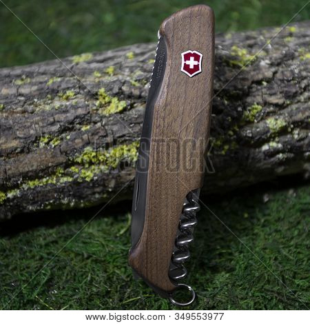 Ibach, Switzerland 02.02.2020 - Closed Wooden Swiss Army Knife Victorinox