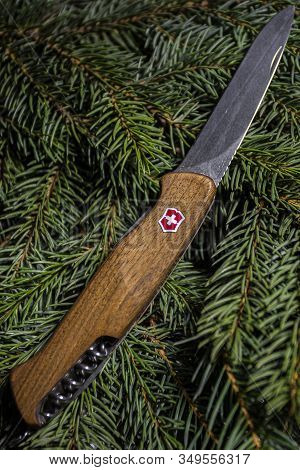Ibach, Switzerland 02.02.2020 - Wooden Swiss Army Knife Victorinox Multitool