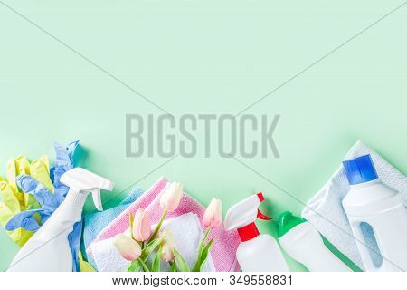 Spring Home Cleaning And Housekeeping Concept, Basket With Cleaning Items, Utensils, Supplies. Copy 