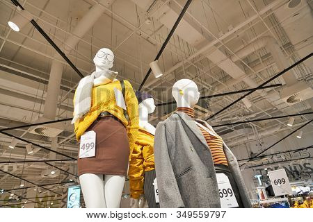 MOSCOW, RUSSIA - SEPTEMBER 14, 2019: interior shot of Sinsay store at Salaris shopping mall in Moscow.