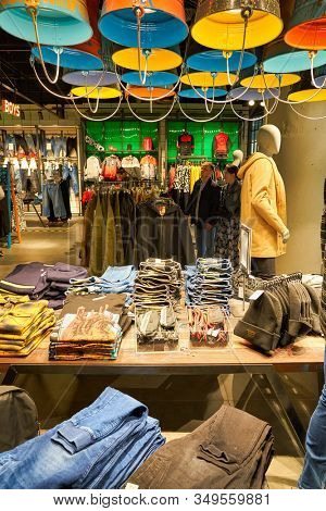 MOSCOW, RUSSIA - SEPTEMBER 14, 2019: interior shot of Cropp store at Salaris shopping mall in Moscow.
