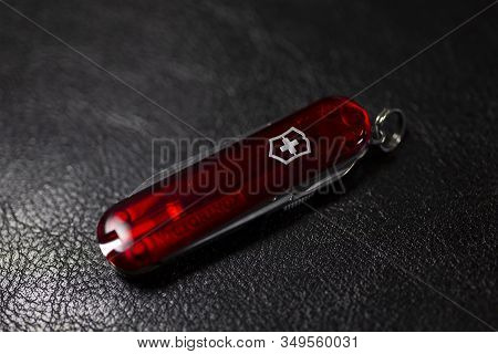 Ibach, Switzerland 02.02.2020 - Red Swiss Army Knife Victorinox Close-up