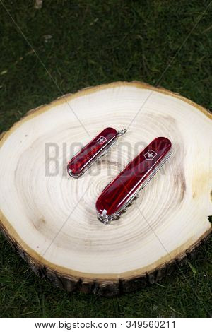 Ibach, Switzerland 02.02.2020 - Two Red Swiss Army Knife Victorinox