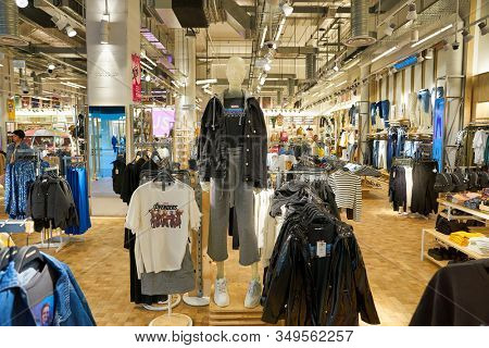 MOSCOW, RUSSIA - SEPTEMBER 14, 2019: interior shot of a Pull&Bear store at Salaris shopping mall in Moscow. Pull&Bear is a Spanish clothing and accessories retailer.