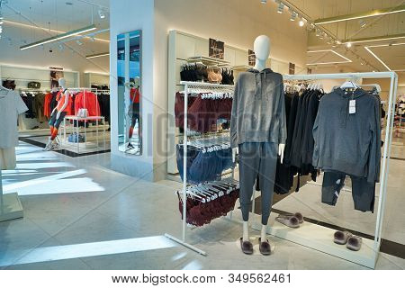 MOSCOW, RUSSIA - SEPTEMBER 14, 2019: interior shot of Oysho store at Salaris shopping mall in Moscow. Oysho is a Spanish clothing retailer specialising in women's homewear and undergarments.