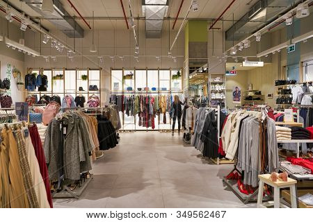 MOSCOW, RUSSIA - SEPTEMBER 14, 2019: interior shot of Stradivarius store at Salaris shopping mall in Moscow. Stradivarius is an international women clothing fashion brand from Spain.