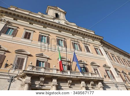 Rome, Rm, Italy - March 3, 2019: Montecitorio Palace Is The Italian Parliament With Flags And Withou
