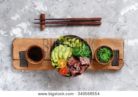 Hawaiian Tuna Poke Salad In The Bowl Top View