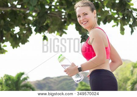 Athletic Slim Sexy Fit Girl Runner, Young Beautiful Hot Nice Woman With Bottle Of Water Jogging, Run