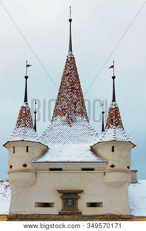 Close-up View Of The Top Of Catherine's Gate. It Was Main Gate In Medieval City Brasov, Transylvania