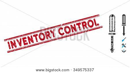 Mosaic Screwdriver Icon And Red Inventory Control Rubber Print Between Double Parallel Lines. Flat V