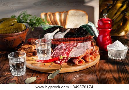Russian Folk Table With Vodka And Appetizer. Stock Photo Still Life, Festive Table With A Strong Alc