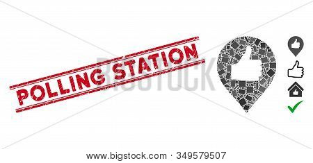 Mosaic Thumb Up Map Marker Pictogram And Red Polling Station Seal Between Double Parallel Lines. Fla