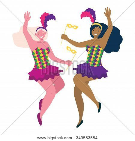 Two Cheerful Girl Dancers In Carnival Costumes Dance And Jump With Masks In Their Hands.  Flat Vecto