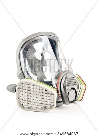 Full facepiece respirator with interchangeable filter cartridges shot over white