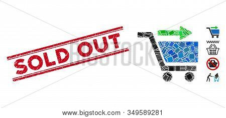 Mosaic Check Out Cart Pictogram And Red Sold Out Stamp Between Double Parallel Lines. Flat Vector Ch