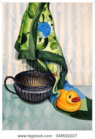 Watercolor Illustration Of A Still Life With A Green Silk Handkerchief, A Silver Antique Vase And A 