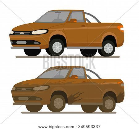 Dirty And Clean Car On A White Background. Car Before And After Car Wash.