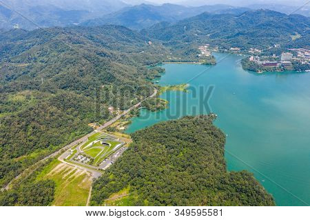 aerial landscape with famous Xiangshan Visitor Center at Sun Moon Lake, Nantou, Taiwan