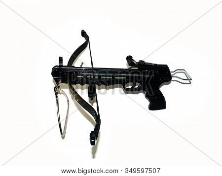 Sports Crossbow On A White Background. Shot From A Crossbow. Isolated Black Little Crossbow. View Fr