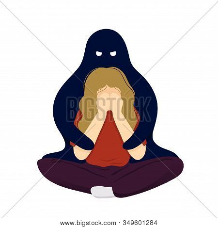 Young Woman In Depression Sitting Crosslegged With Angry Monster Hugging Her From Behind And Coverin