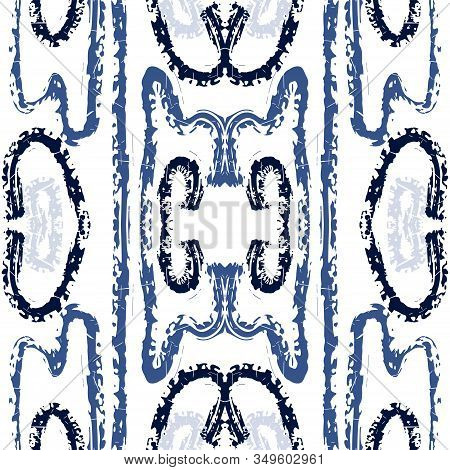 Blue Textile Shibori Vector Seamless Pattern. Boho Tie Dye Indian Design. Indian Drawn Design. Indig