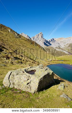Peaks and Ansabere Lake. Lescun Cirque. Aspe Valley, Pyrenees, France.