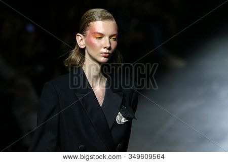 Kyiv, Ukraine - February 2, 2020: Profile Portrait Of Model Seen During The Fashion Presentation By 