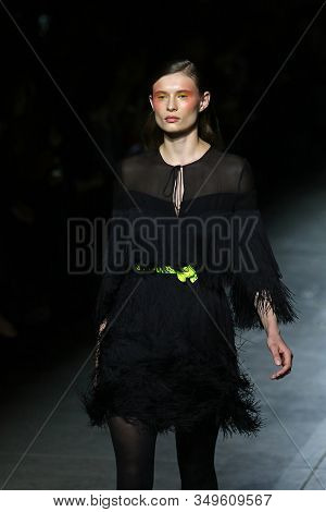 Kyiv, Ukraine - February 2, 2020: Model Presents A Collection Of Authentic Ukrainian Clothes By Desi