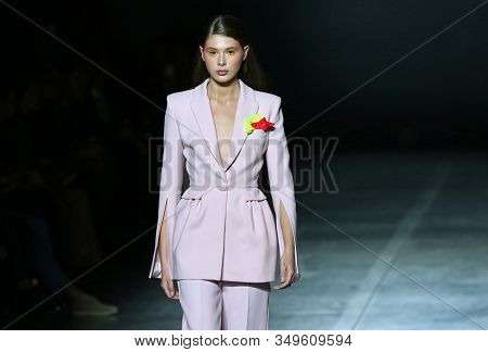 Kyiv, Ukraine - February 2, 2020: Model Presents A Collection Of Authentic Ukrainian Clothes By Desi