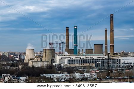 Bucharest, Romania - January 31, 2020: The Chimneys Of The Cet Sud Power Plant, Which Pollute With S