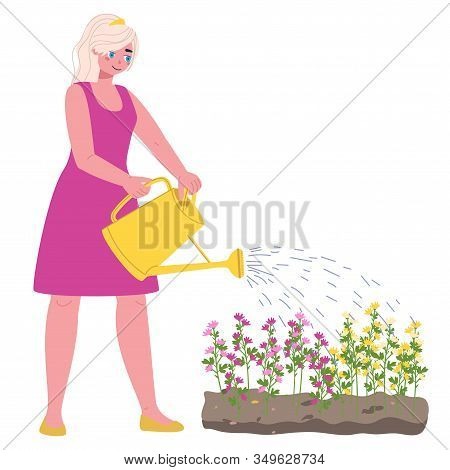 A Girl Gardener From A Watering Can Water The Flowers On The Bed. Fashionable Vector Illustration
