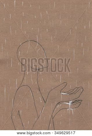 Esoteric And Magic Illustration Of Person In Flow Of Plenty. Rain, Life Energy, Well-being Flow On S