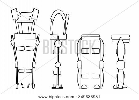Set Of Outline Medical Exoskeleton Isolated On A White Background. Help For People With Disabilities