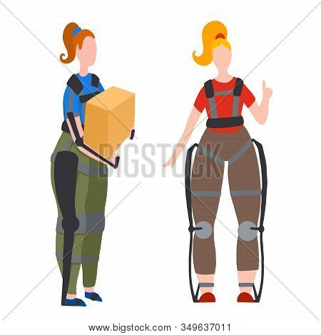 Set Of Women In Exosuit. Help In Lifting Weights. Medical Exoskeleton To Help People With Disabiliti