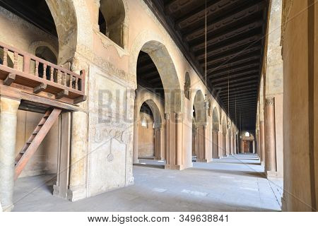 Ibn Tulun Mosque in Cairo, Egypt.  The Mosque is the oldest Mosque in the city and the mosque's original inscription slab identifies the date of completion as 265 AH or 879 AD.