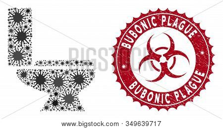 Coronavirus Mosaic Toilet Bowl Icon And Rounded Rubber Stamp Seal With Bubonic Plague Phrase. Mosaic