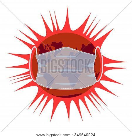 A Medical Mask Is Worn On A Map Of The Planet. The Planet Is In Danger. Precautionary Measures. Vect