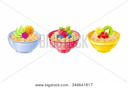 Oats Bowl. Oatmeal Breakfast Cup, Oat Grain Porridge With Fruit Berry. 3d Realistic Icon. Cartoon St