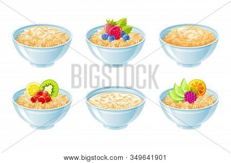 Oat Bowl. Oatmeal Breakfast Cup, Oat Grain Porridge With Fruit, Berry, Milk. 3d Realistic Icon. Cart