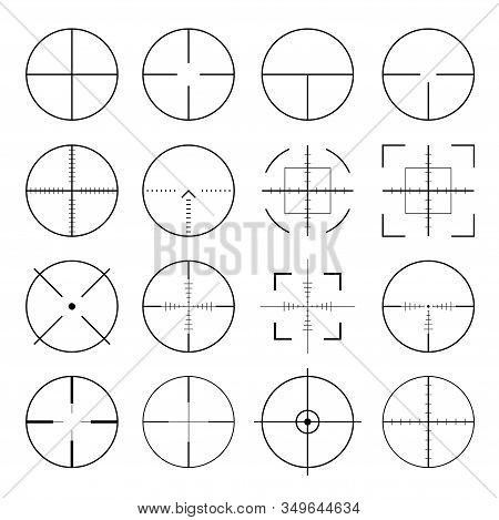 Pack Of Sniper Rifle Aims Isolated. Crosshairs Target Choose Destination Icons. Aim Shoot Focus Curs