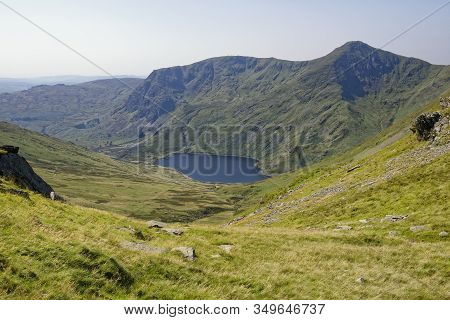 Kentmere Reservoir Viewed From Nan Bield Pass 
With Rainsborrow Crag, Yoke (706m Centre) & Ill Bell 