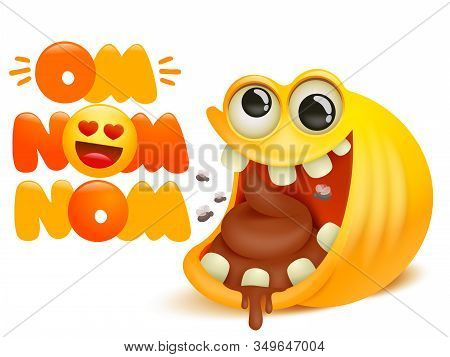 Om Nom Nom Comic Cartoon Card. Yellow Smile Emoji Character Eating Poop. Vector Illustration