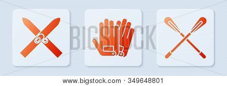 Set Gloves, Ski And Sticks And Crossed Paddle. White Square Button. Vector