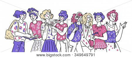 Banner With Group Of Diverse Women Cartoon Characters Communicating And Friendly Talking.