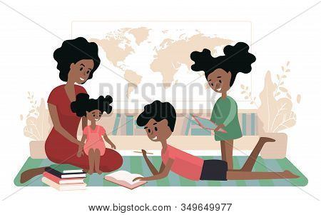 Education Apps. Home Schooling. Classes With Children Of Different Ages. Mom Does Homework With Her 