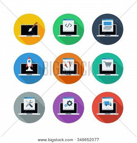 Laptop Programming Icons Set Programmer Developer Stock Circle Flat Icon Set Vector